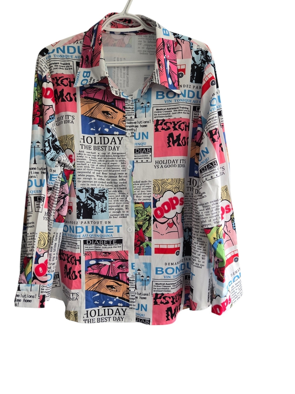 Women's Comic Newspaper Graphic Button-Up Shirt